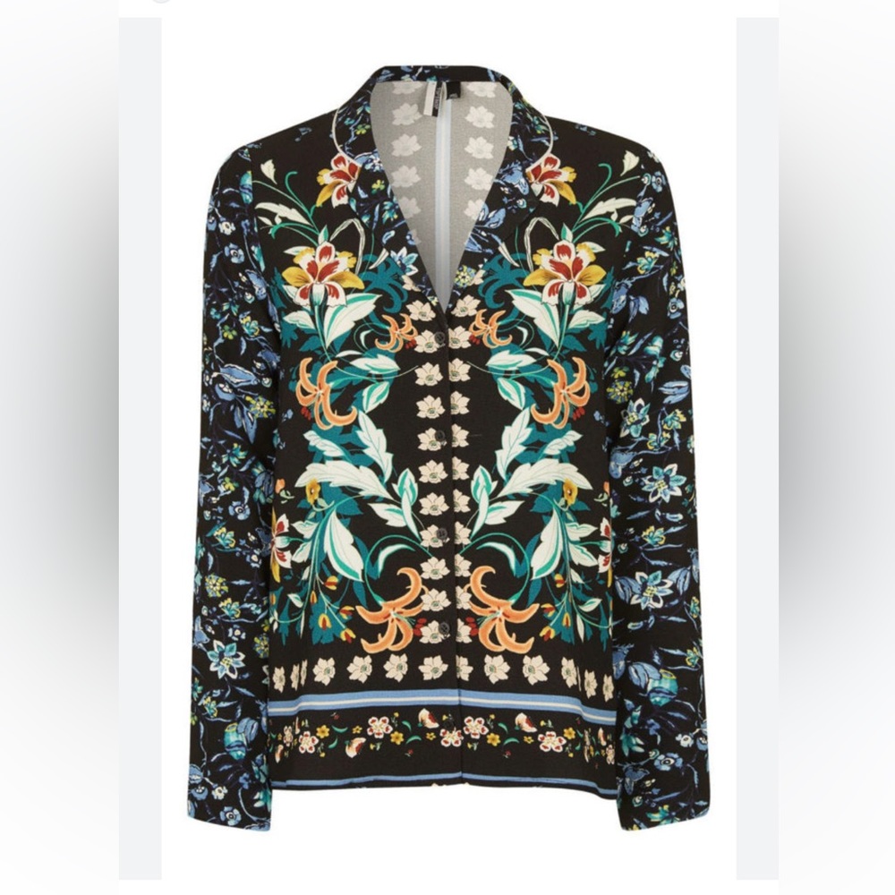 Topshop floral printed long sleeve blouse collared button front black green